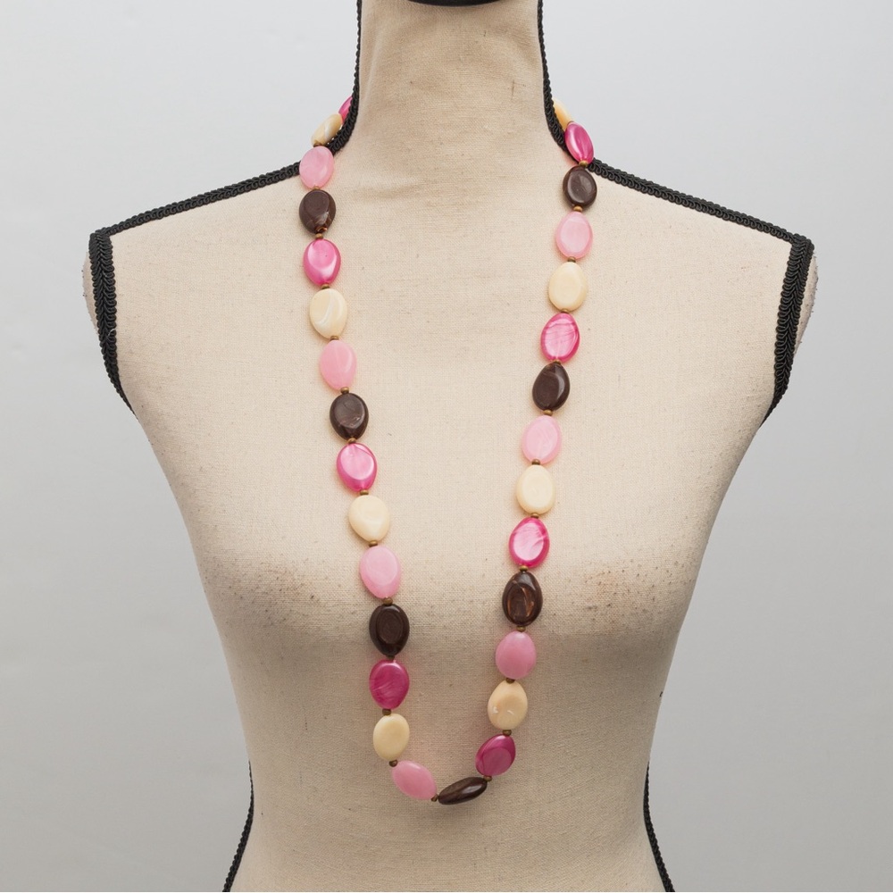 Longer length necklace beaded necklace shades of pink, chocolate, and cream